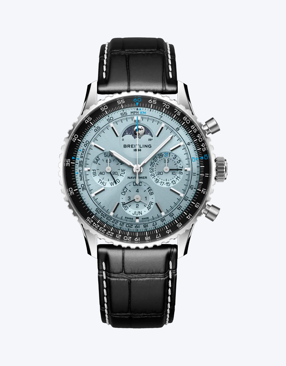 Breitling Navitimer moonphase with black leather strap and detailed face