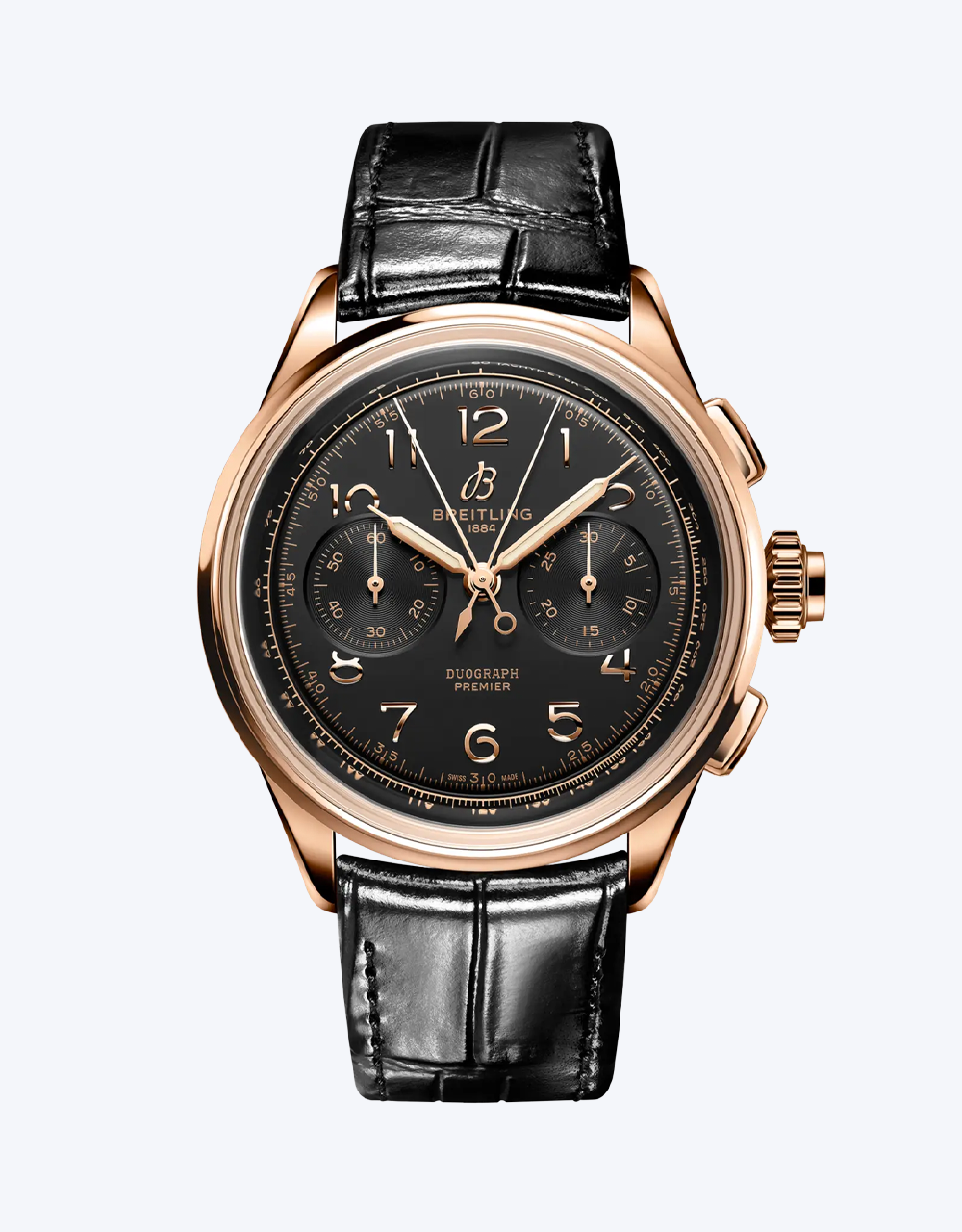 Breitling Premier watch with black leather strap and gold case