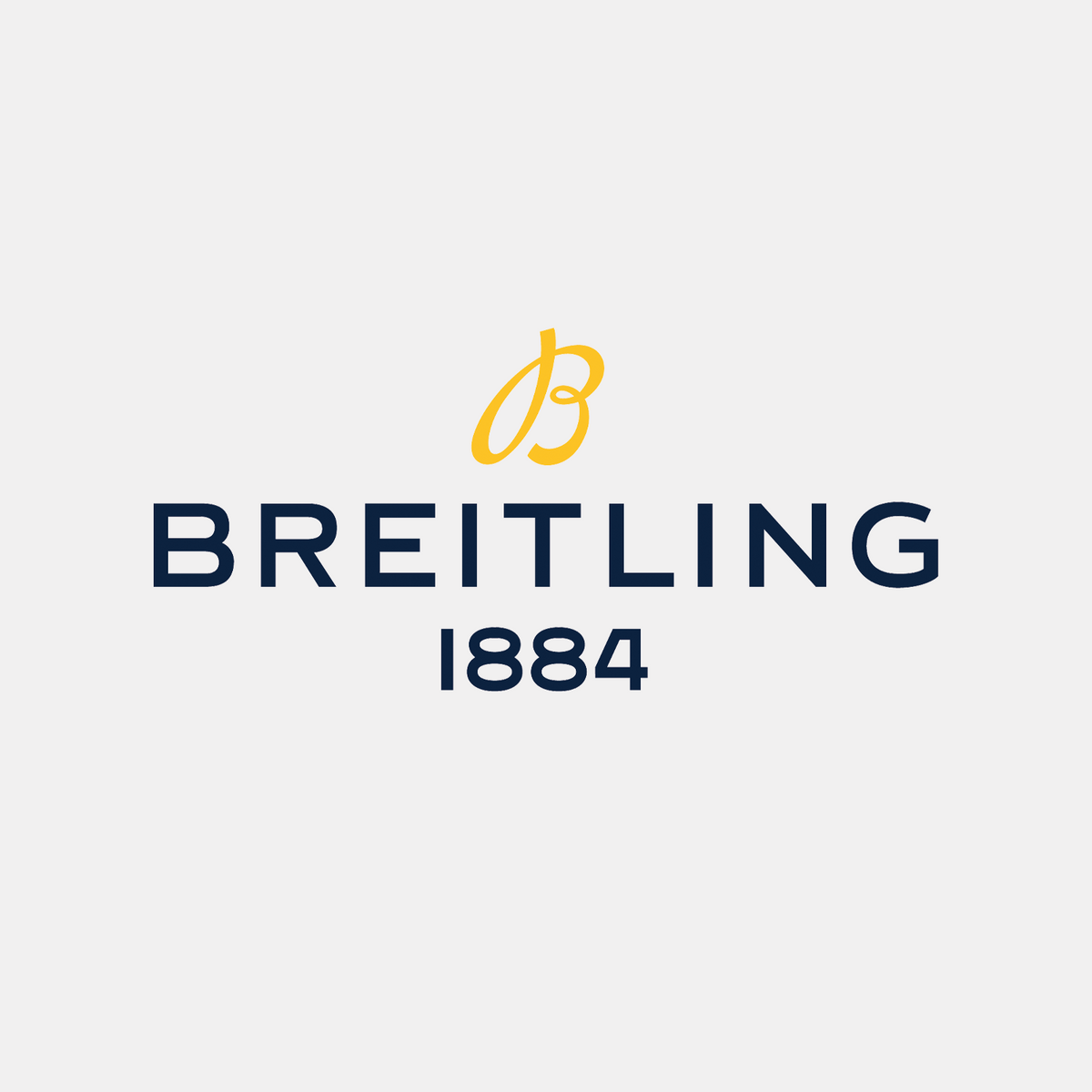 Breitling 1884 logo centered on a light gray background, with a yellow stylized B above the brand name in dark navy text.