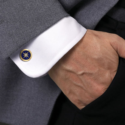 14K Yellow Gold Round Cufflinks with Diamond and Lapis