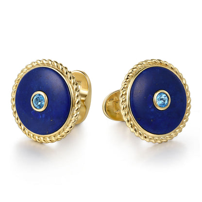 14K Yellow Gold Round Cufflinks with Swiss Blue Topaz and Lapis