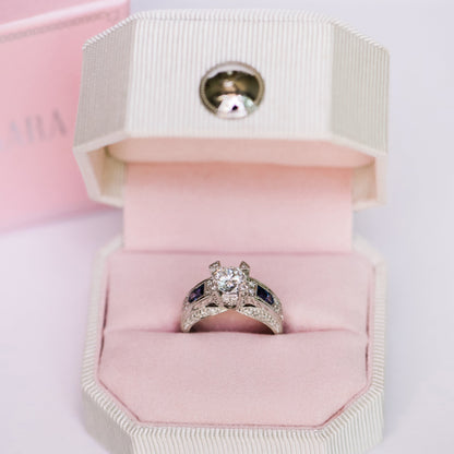 Sapphire Deco Cathedral Diamond Engagement Ring