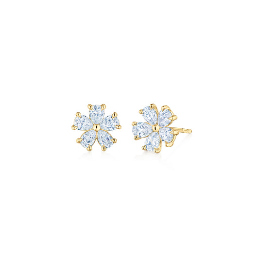 Cluster Floral Stud Earrings with Pear Shape Diamonds in 18k Yellow Gold