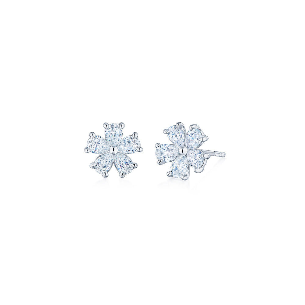 Cluster Floral Stud Earrings with Pear Shape Diamonds in Platinum
