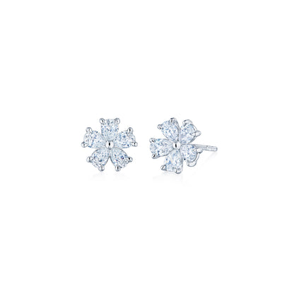 Cluster Floral Stud Earrings with Pear Shape Diamonds in Platinum