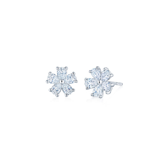 Cluster Floral Stud Earrings with Pear Shape Diamonds in Platinum
