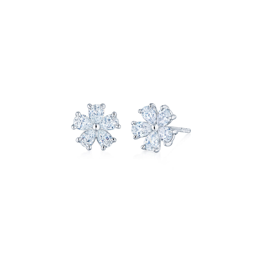 Cluster Floral Stud Earrings with Pear Shape Diamonds in Platinum