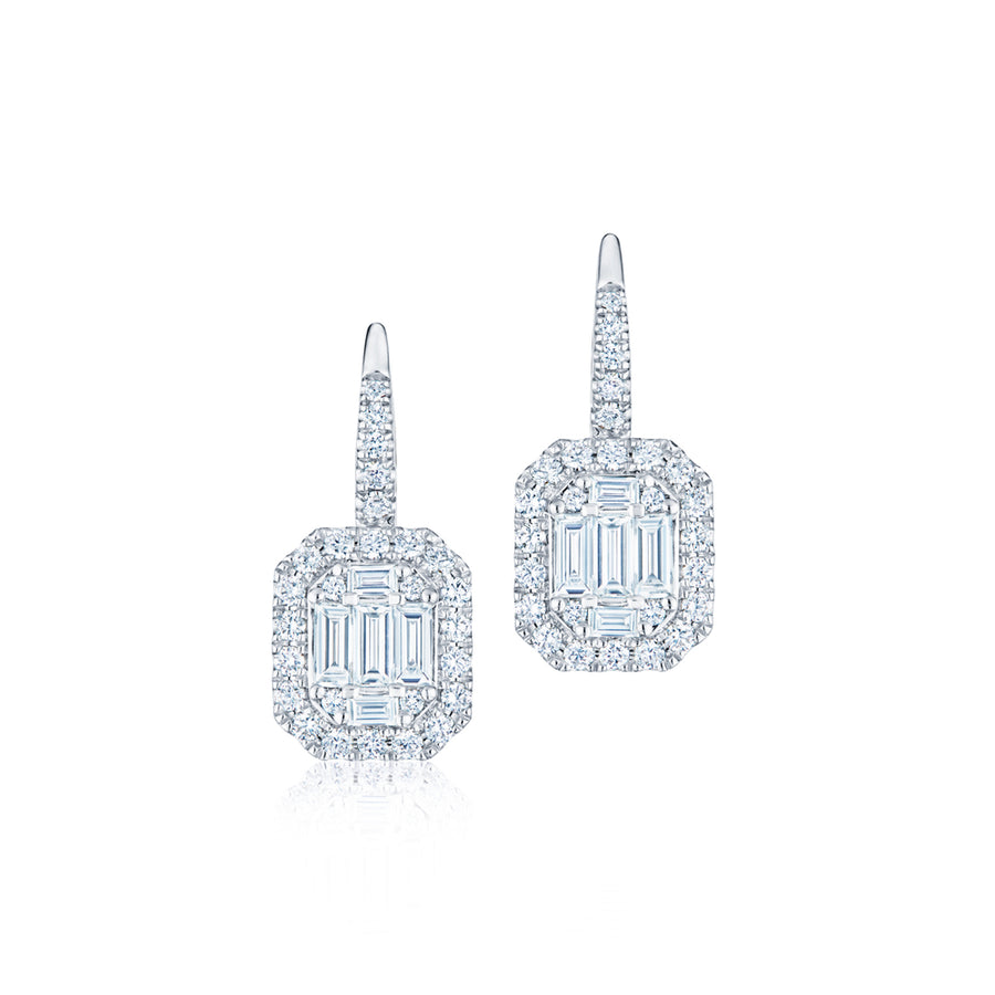 Sunburst Emerald Cut Diamond Drop Earrings with Halo in 18K White Gold