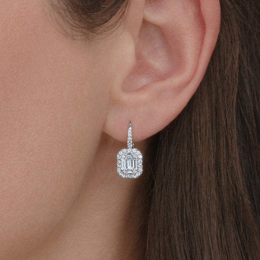 Sunburst Emerald Cut Diamond Drop Earrings with Halo in 18K White Gold