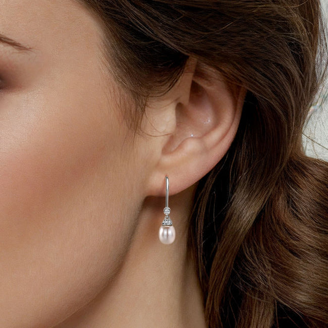 14K White Gold Cultured Pearl Diamond Fish Hook Drop Earrings