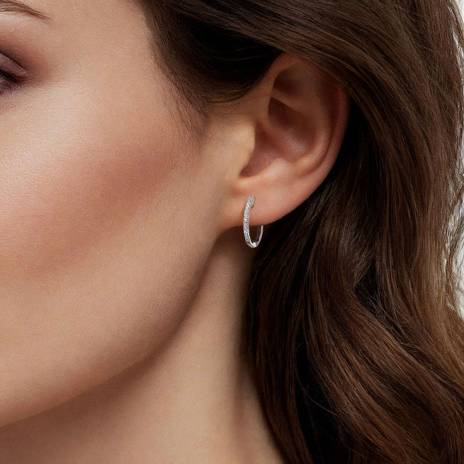 14K White Gold Diamond Classic Huggie Earrings in 15mm