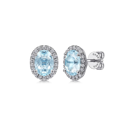 14K White Gold Oval Halo Aquamarine and Diamond Stud Earrings
