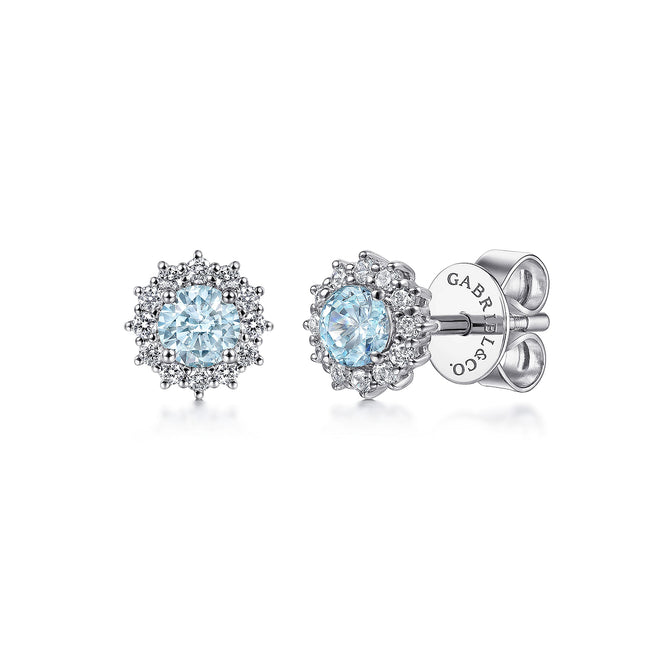 14K White Gold Round Halo Aquamarine and Diamond Stud Earrings