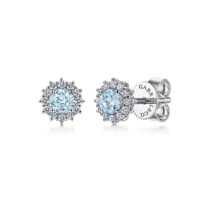 14K White Gold Round Halo Aquamarine and Diamond Stud Earrings