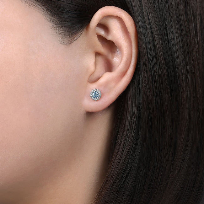14K White Gold Round Halo Aquamarine and Diamond Stud Earrings