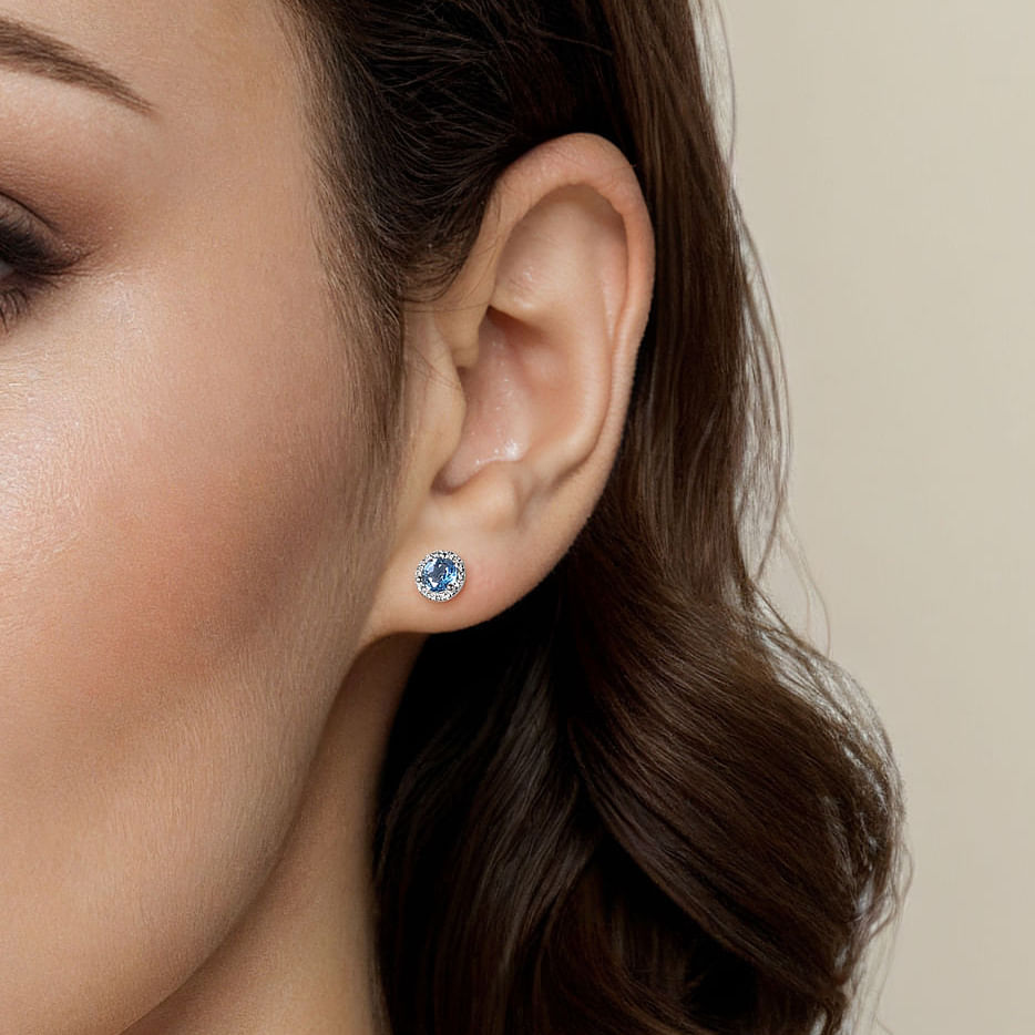 14K White Gold Diamond Halo & Swiss Blue Topaz Stud Earrings