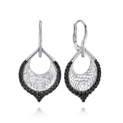 Sterling Silver Hammered Teardrop Leverback Earrings with Black Spinel