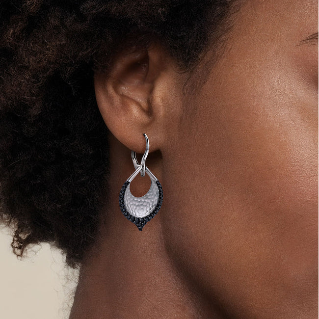 Sterling Silver Hammered Teardrop Leverback Earrings with Black Spinel