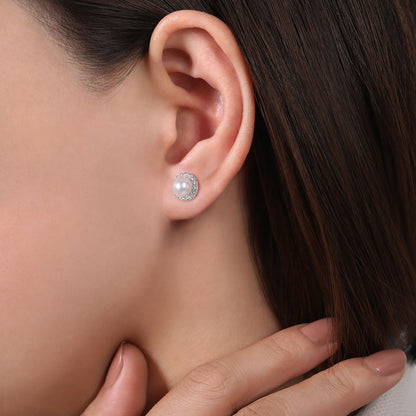 14K White Gold Round Diamond Halo Pearl Stud Earrings