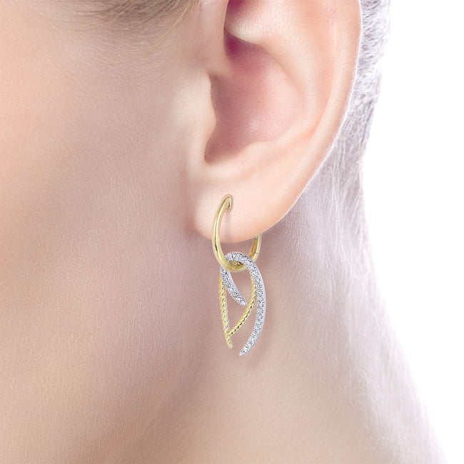 14K Yellow-White Gold Twisted Rope and Diamond Hook Huggies