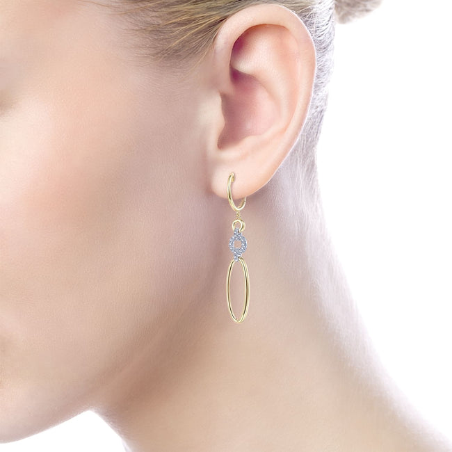 14K Yellow-White Gold Long Multi Link Diamond Huggie Drop Earrings