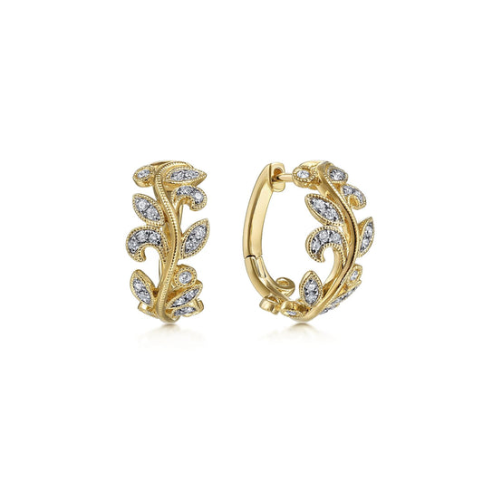 14K Yellow Gold Floral15mm Diamond Huggies