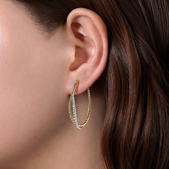 14K Yellow-White Gold Twisted 35mm Classic Diamond Hoop Earrings