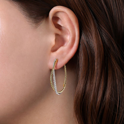 14K Yellow-White Gold Twisted 35mm Classic Diamond Hoop Earrings