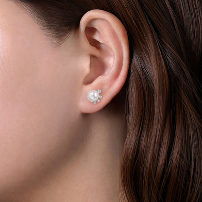 14K White Gold Pearl Stud Earrings with Diamond Accents