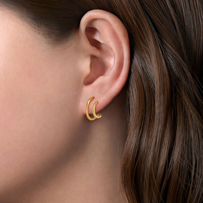 14K Yellow Gold Rope Split J Shape Stud Earrings