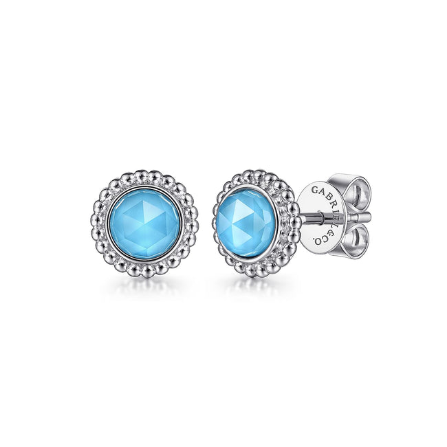 925 Sterling Silver Round Rock Crystal/Turquoise Stud Earrings