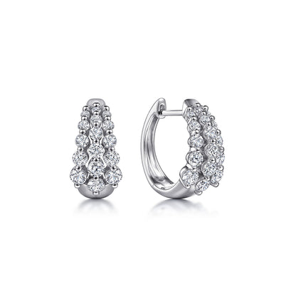 14K White Gold 15mm 3 Row Single Prong Set Graduating Diamond Huggie Earrings