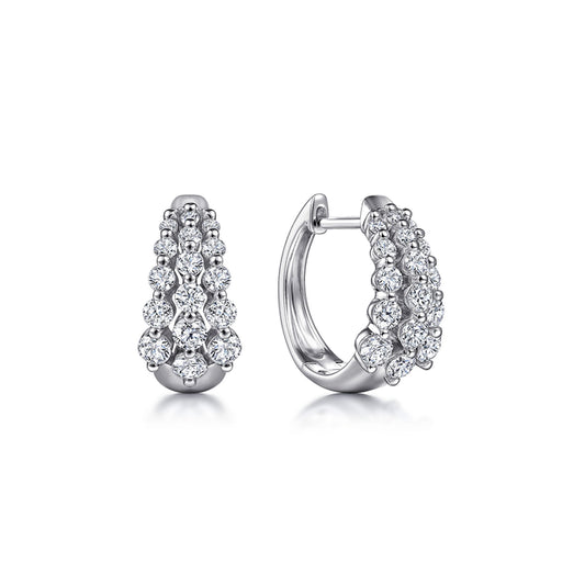 14K White Gold 15mm 3 Row Single Prong Set Graduating Diamond Huggie Earrings