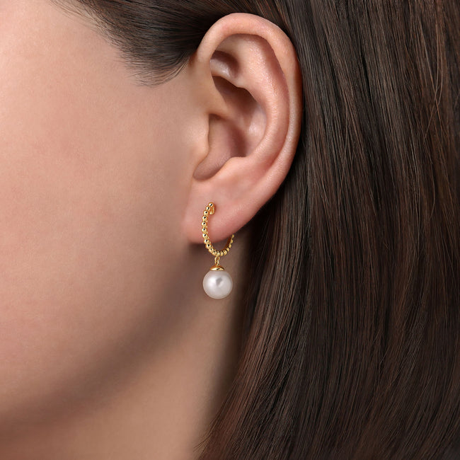 14K Yellow Gold Bujukan Pearl Huggie Drop Earrings