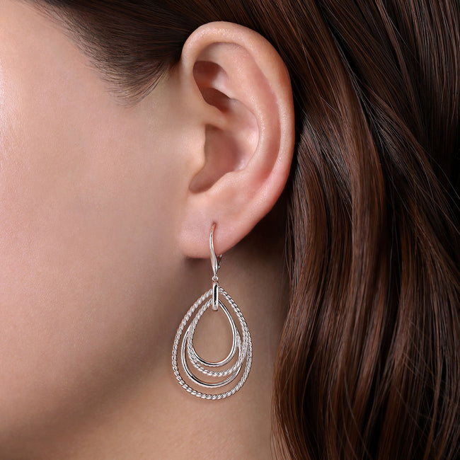 925 Sterling Silver Multi Row Open Teardrop Leverback Earrings