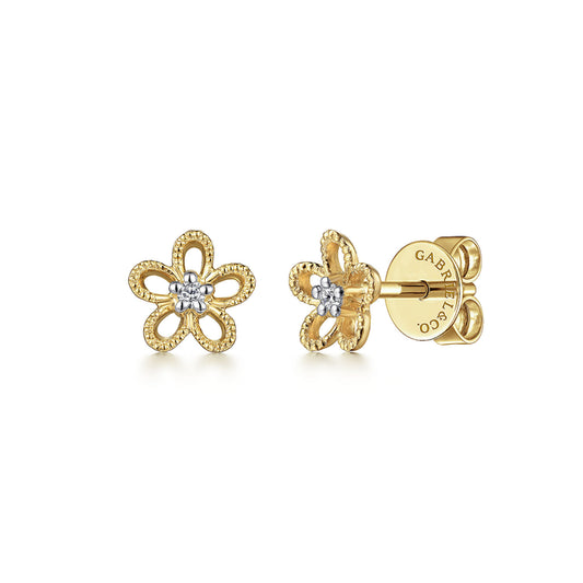 14K Yellow Gold Diamond Floral Stud Earrings