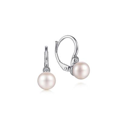 925 Sterling Silver Bezel Set Diamond and Pearl Leverback Earrings