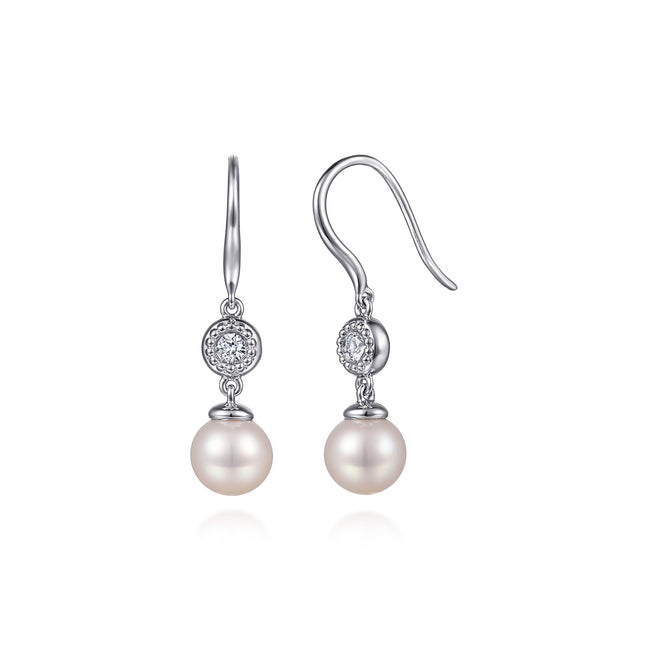 925 Sterling Silver Bujukan White Sapphire and Pearl Fish Wire Drop Earrings