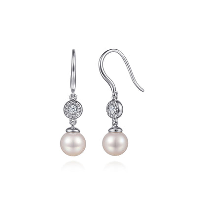 925 Sterling Silver Bujukan White Sapphire and Pearl Fish Wire Drop Earrings