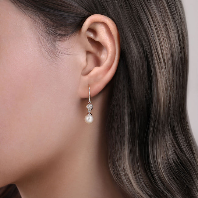 925 Sterling Silver Bujukan White Sapphire and Pearl Fish Wire Drop Earrings