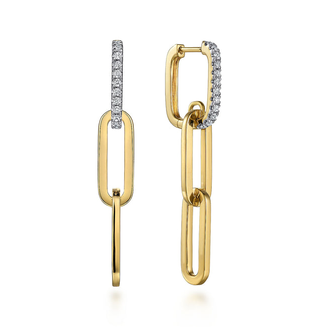 14K Yellow Gold Diamond Link Hollow Chain Drop Earrings