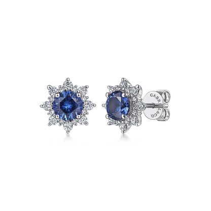 14K White Gold Diamond and Blue Sapphire Starburst Stud Earrings