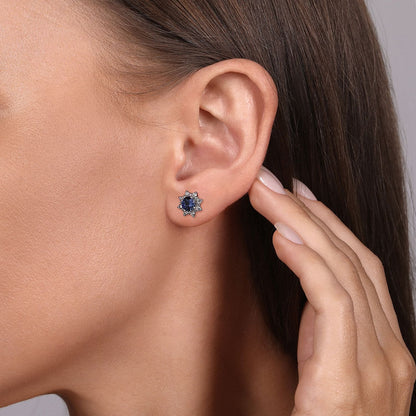14K White Gold Diamond and Blue Sapphire Starburst Stud Earrings