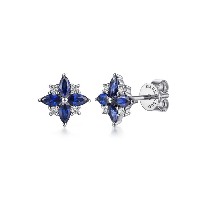 14K White Gold Diamond and Blue Sapphire Bursting Star Studs