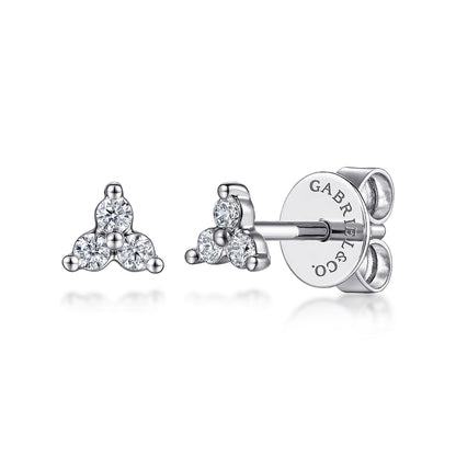 14K White Gold Three Diamond Cluster Stud Earrings