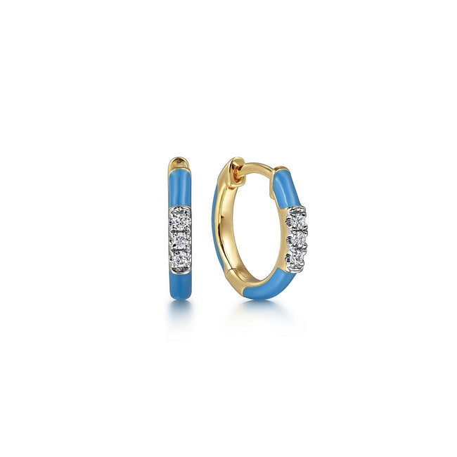 14K Yellow Gold Classic Diamond Huggies with Dusk Blue Enamel
