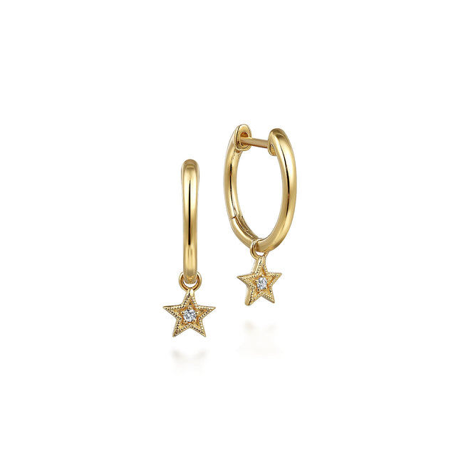 13mm 14K Yellow Gold Diamond Star Shape Huggie Drop Earrings