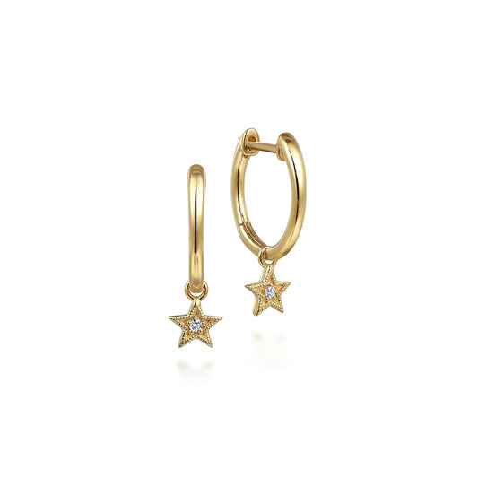 13mm 14K Yellow Gold Diamond Star Shape Huggie Drop Earrings