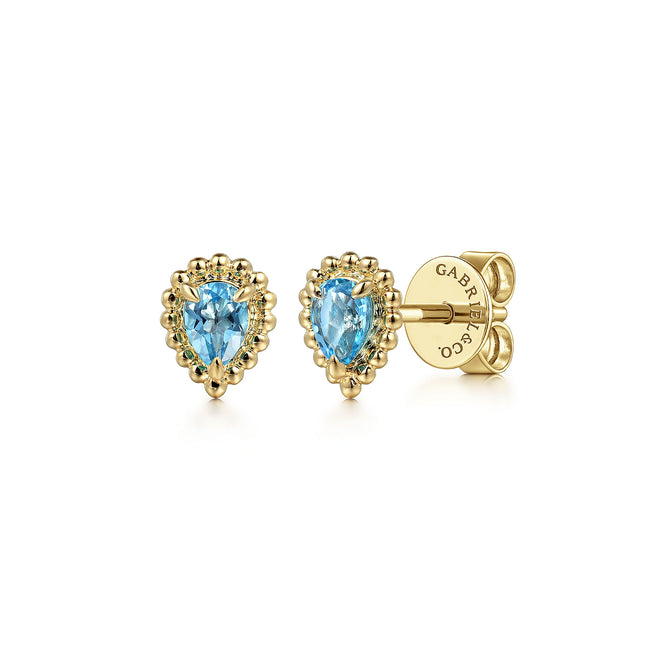 14K Yellow Gold London Blue Topaz Bujukan Pear Shape Stud Earrings