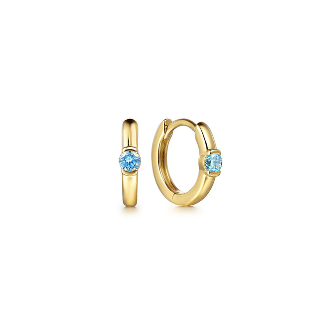 14K Yellow Gold Blue Topaz Huggie